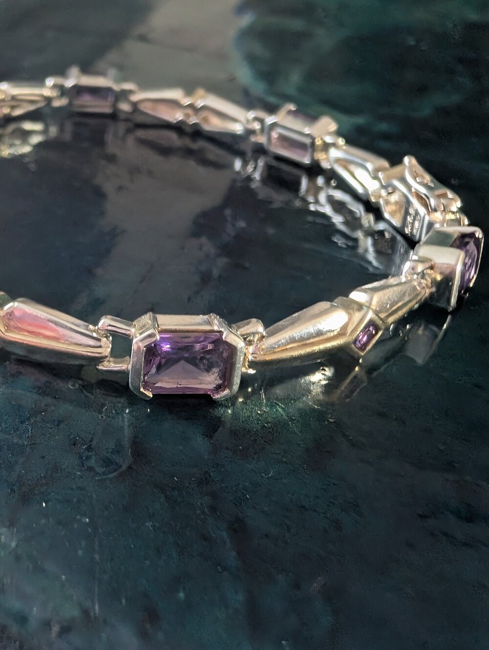 Art Deco Style Sterling Silver Amethyst Tennis Bracelet With Gold Accents - Picture 5 of 16